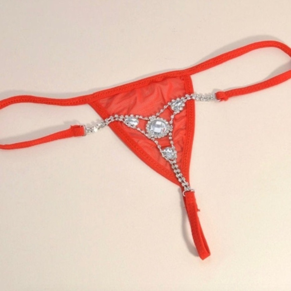 RED Rhinestone Satin Bejewelled Micro Bikini bottom